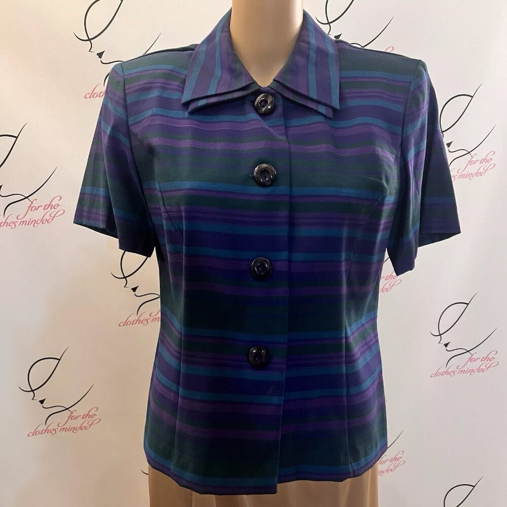 Sag Harbor. Sz 10. Rayon Poly Blouse. Blue purple stripe. Short Sleeve. B113